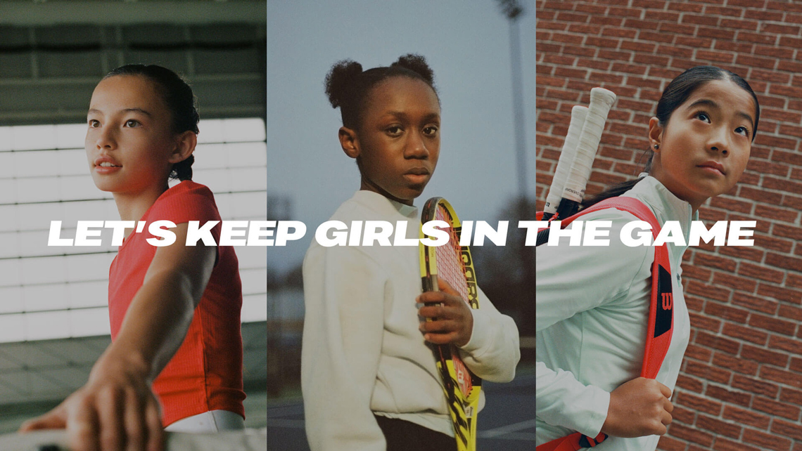 photos of three girls with text written let's keep girls in the game